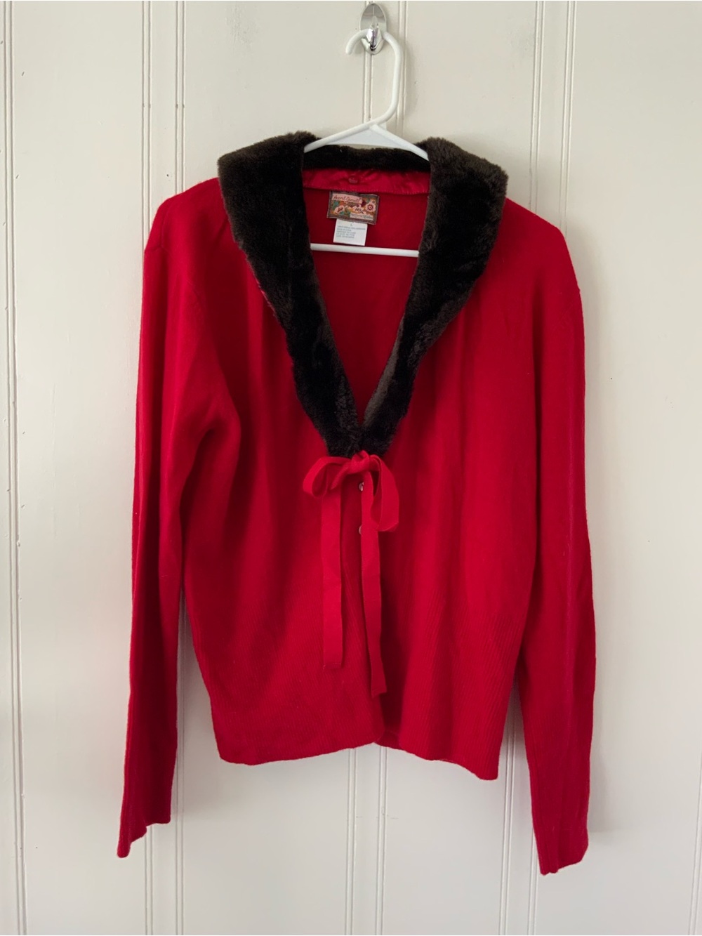 April Cornell Red Cardigan with Dark Brown Faux Fur Shawl Collar